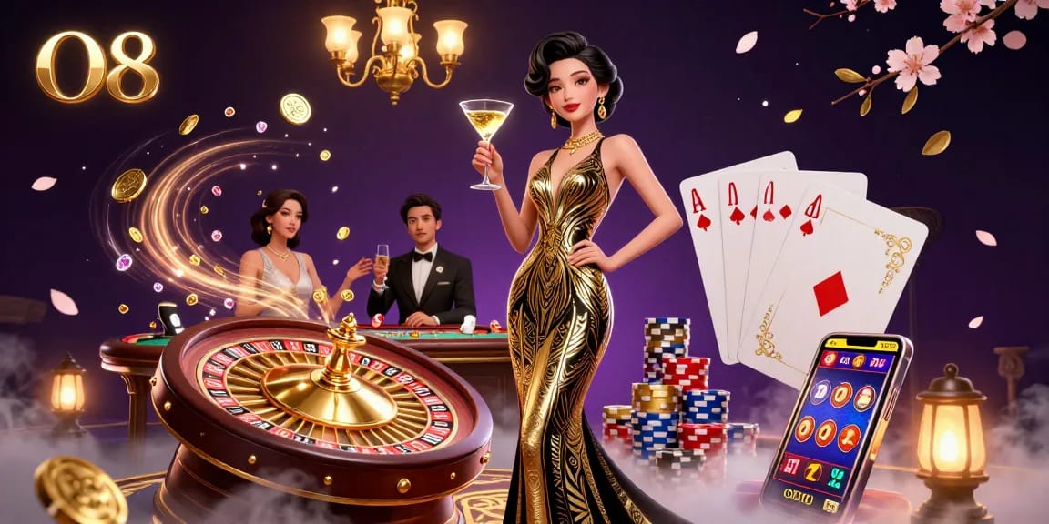 Experience O8's thrilling casino atmosphere with a glamorous gaming scene filled with excitement.