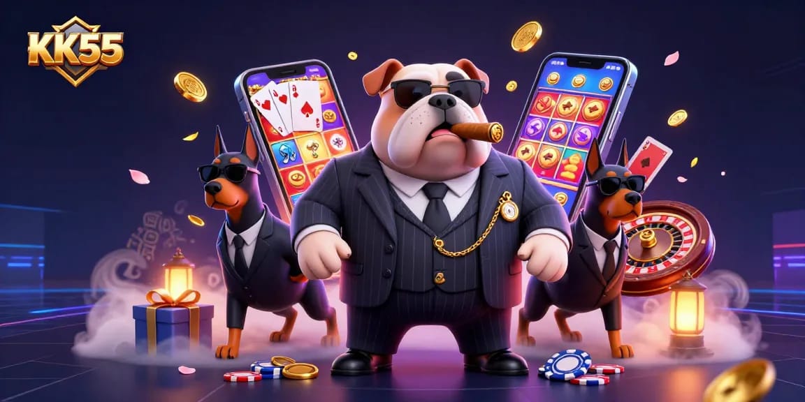 Experience immersive gaming with KK55, featuring a vibrant slot game scene surrounded by casino icons.