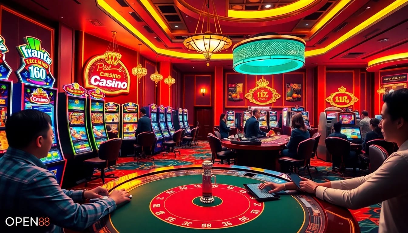 OPEN88 online casino environment showcasing excitement with vibrant slot machines and live dealer games.
