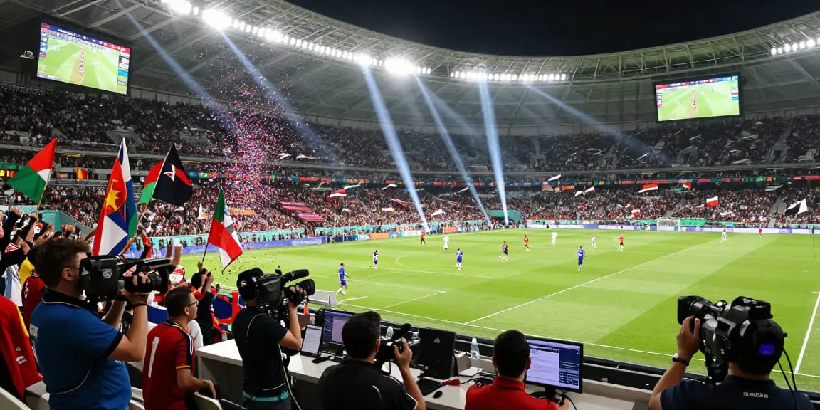 Exciting sports scene showcasing kèo nhà cái during World Cup match with fans, players, and vibrant stadium atmosphere.