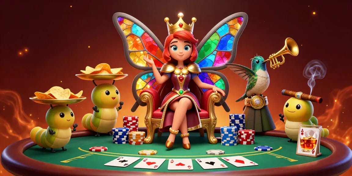 Nohu90n showcases a vibrant 3D casino scene with a butterfly queen and poker elements.