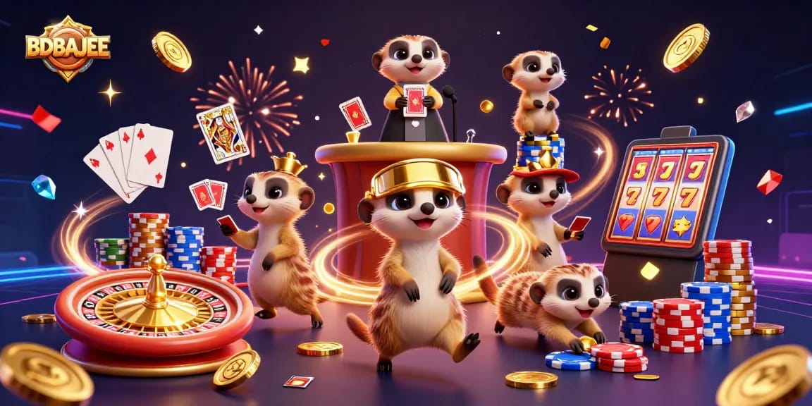 Experience BDBAJEE's thrilling casino atmosphere with entertaining meerkats enjoying games and wins.