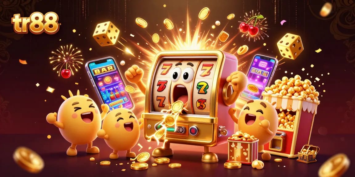 Watch the excited tr88 slot machine winning a jackpot as coins burst forth, surrounded by cheering mini slots.