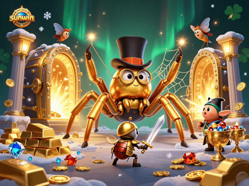Experience thrilling wins with sunwin's animated casino scene featuring gold treasures and courageous characters.