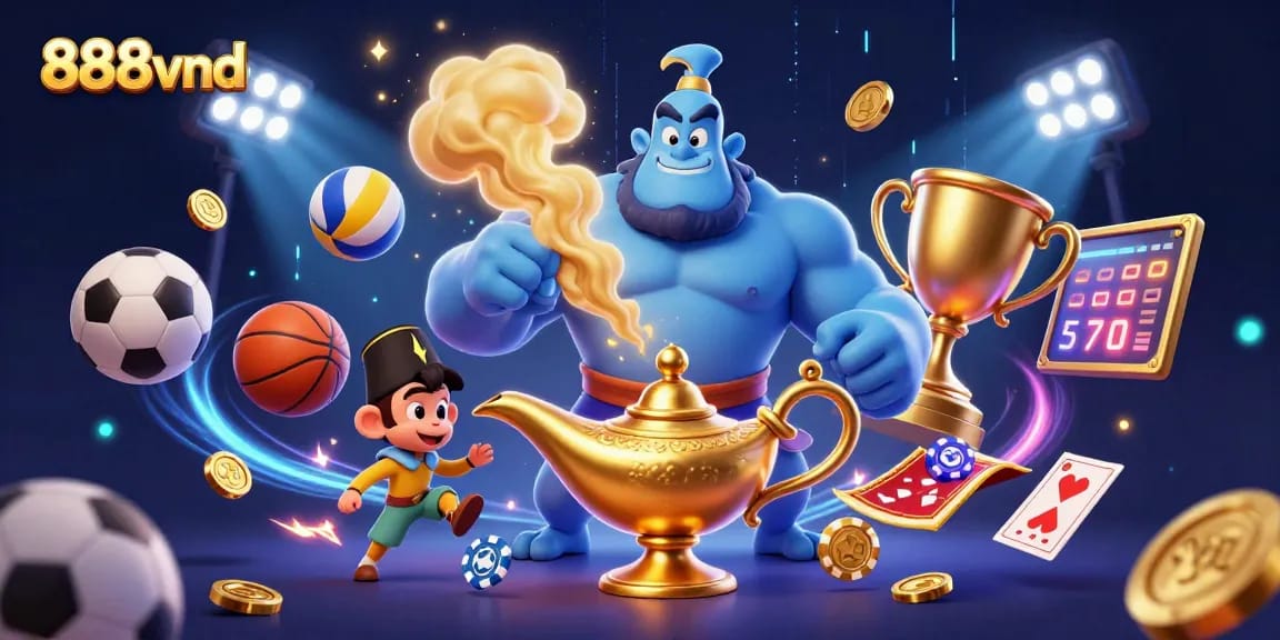Engage with 888vnd's vibrant cartoon casino scene featuring dynamic sports elements and magic.