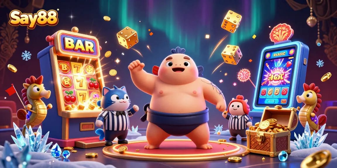 Experience the thrill of Say88 casino with animated characters and vibrant jackpot elements.