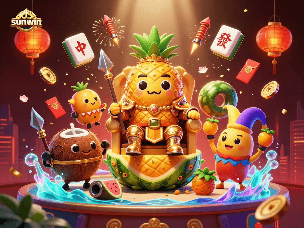 Engage with sunwin's vibrant casino scene featuring a pineapple king and jester juggling