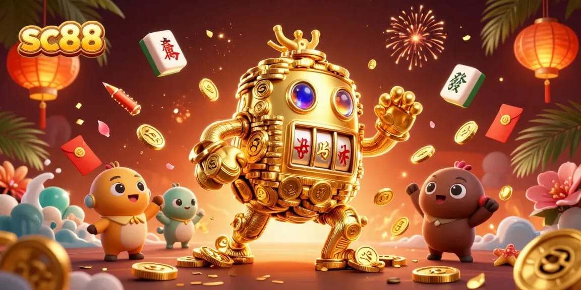Spin and win with sc88 at this vibrant casino scene filled with lucky symbols and festive elements.