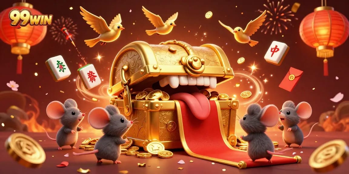 Experience excitement at 99WIN with rich treasures and festive elements in this vibrant scene.