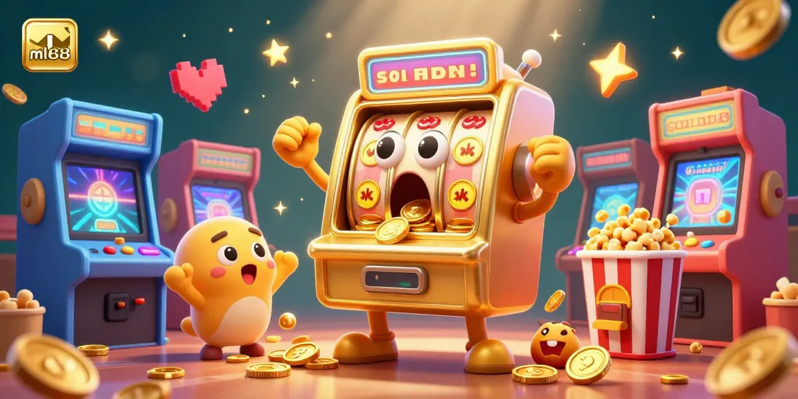 ml88 slot machine celebrating a jackpot with coins pouring out, surrounded by baby machines and arcade elements.