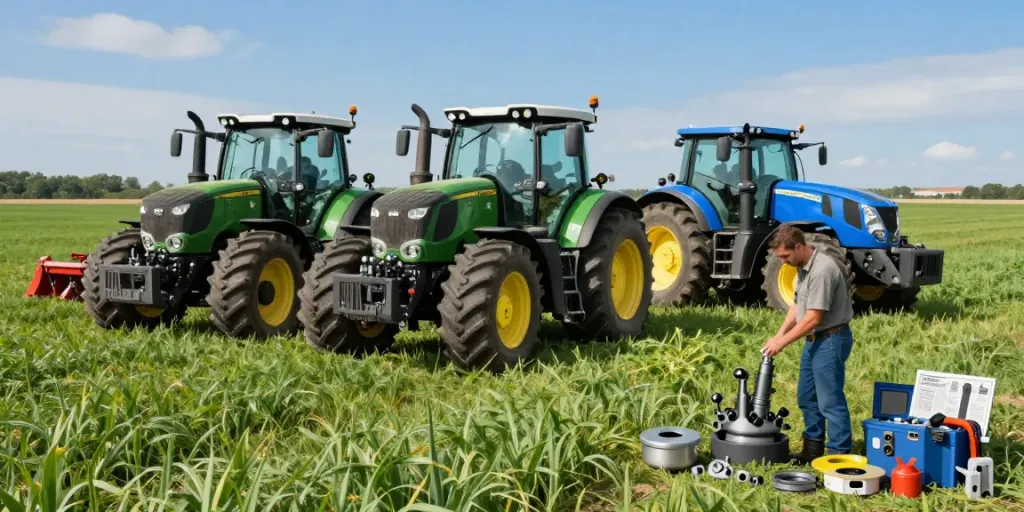 Wydajne oryginalne i zamienne części do ciągników rolniczych Fendt, John Deere, New Holland prezentowane na tle nowoczesnych traktorów w akcji na farmie.