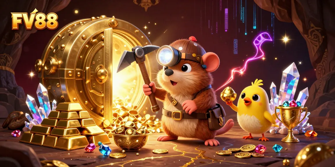 Spin to win at FV88 with treasure hunting moles amidst glowing gems and golden treasures.