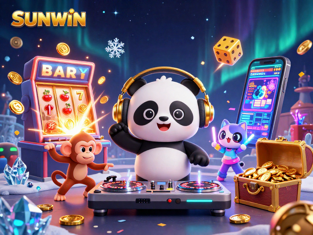 SUNWIN features a DJ panda, breakdancing monkey, and lively kitten in a vibrant casino scene.