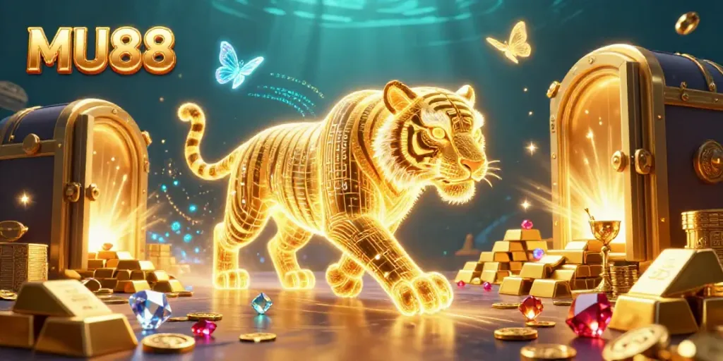 Experience thrilling moments with MU88's vibrant casino adventures, featuring a golden tiger and treasure.