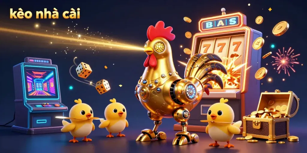 Engage in thrilling action with kèo nhà cái, showcasing a dynamic scene of golden rooster robot and chick drones amidst casino elements.