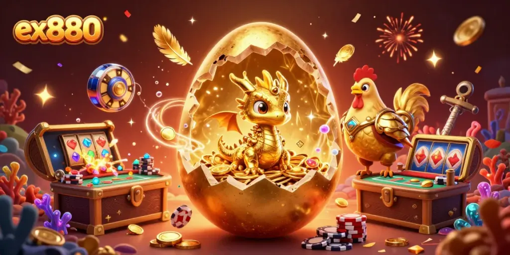 Win exciting jackpots with ex880's golden dragon and poker chips in this vibrant casino scene.