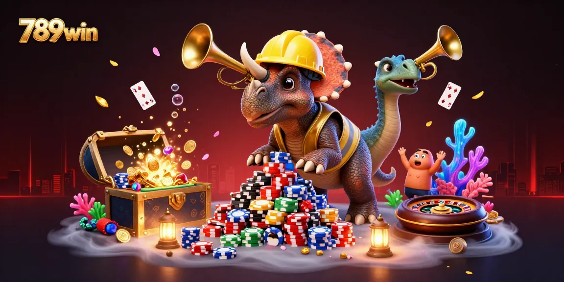 Experience thrilling action with 789win as a triceratops builds poker chips in a vibrant casino scene.