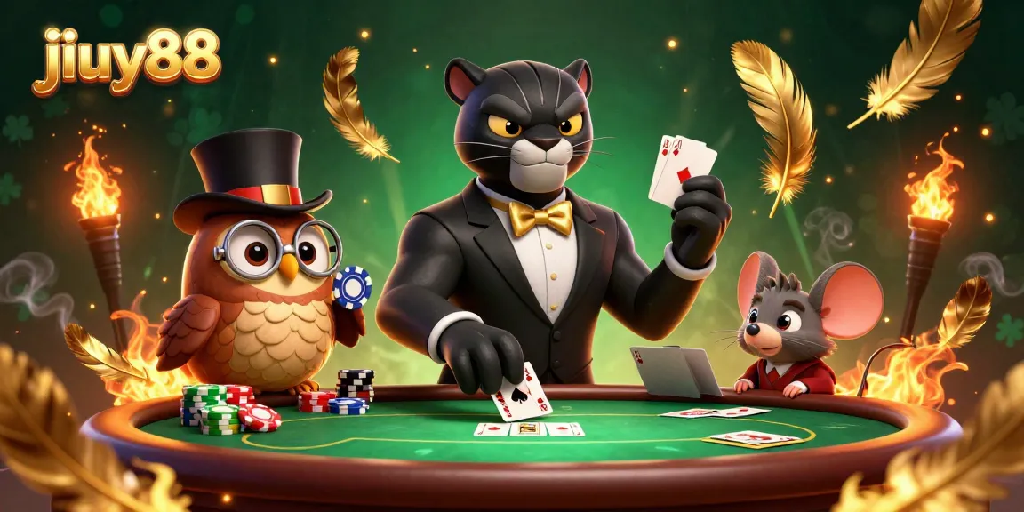 Engage with thrilling poker gameplay at jiuy88 featuring a black panther dealer interacting with an owl and mouse.