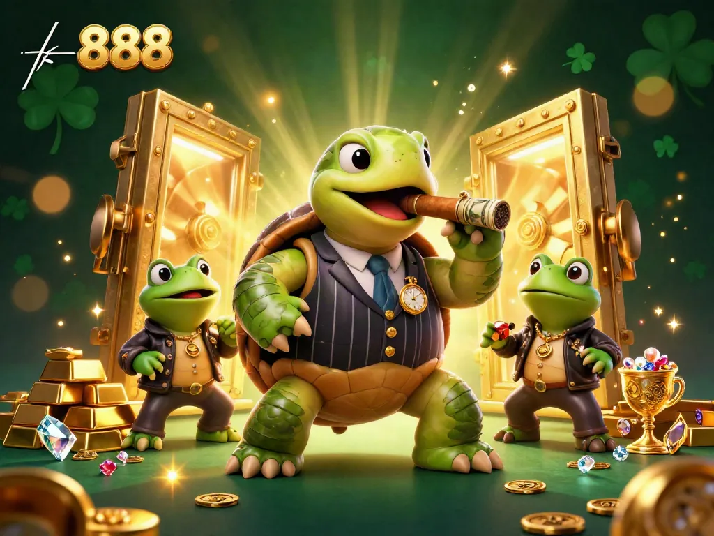 Experience dynamic casino action with tk 888 as a whimsical turtle and bullfrogs interact amidst riches and vibrant lights.