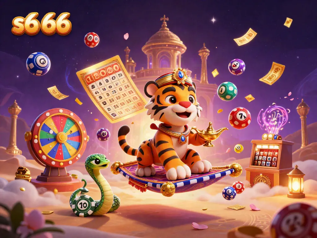 Engage with the vibrant world of s6 66 featuring a tiger sultan, lottery balls, and casino-themed elements.