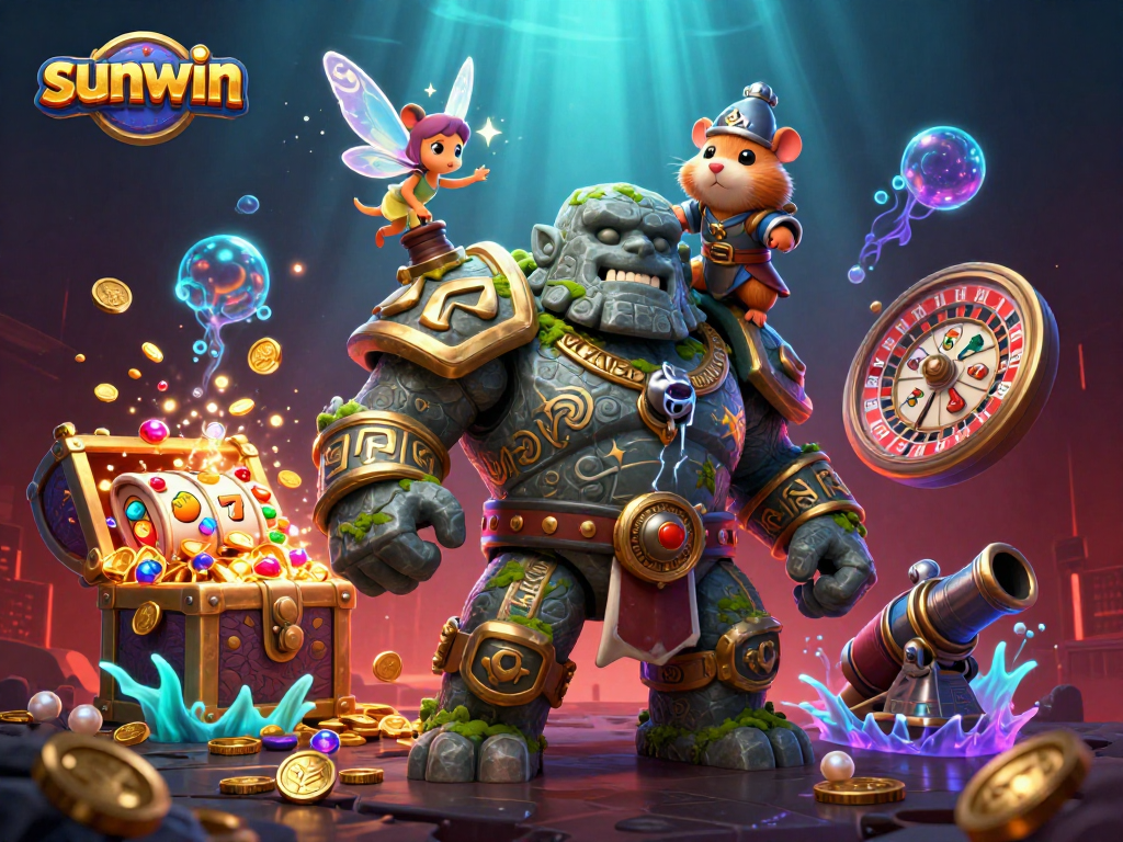 Engage with sunwin's dynamic slot experience featuring a golem guardian and vibrant treasures.