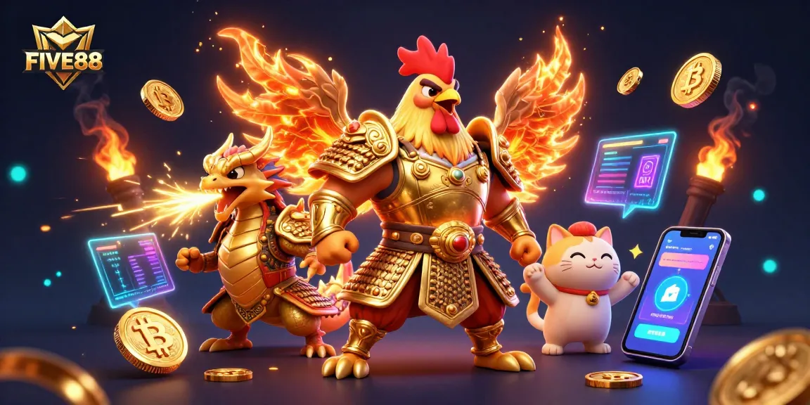Experience the excitement of FIVE88's thrilling gaming world with dynamic characters and vibrant elements.