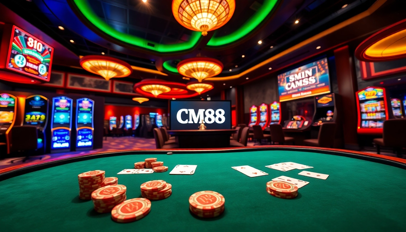 Experience the thrill of gaming at CM88's luxurious casino with vibrant tables and eager players.