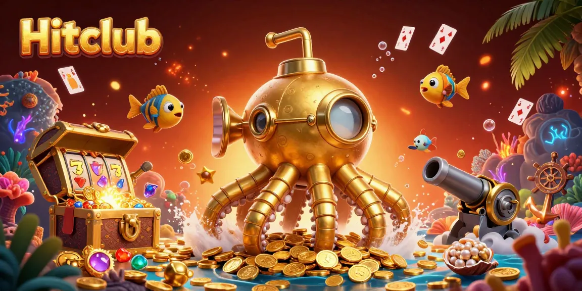 Engage with Hitclub's thrilling golden kraken adventure among slot reels and treasures.