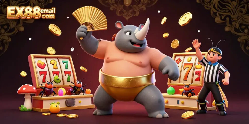 Engage in thrilling gameplay at EX88email com with a dynamic casino scene featuring a rhinoceros beetle champion.