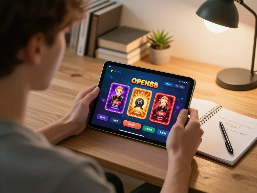 Engaging online play on open88 with a user enjoying casino games on a tablet in a cozy setup.
