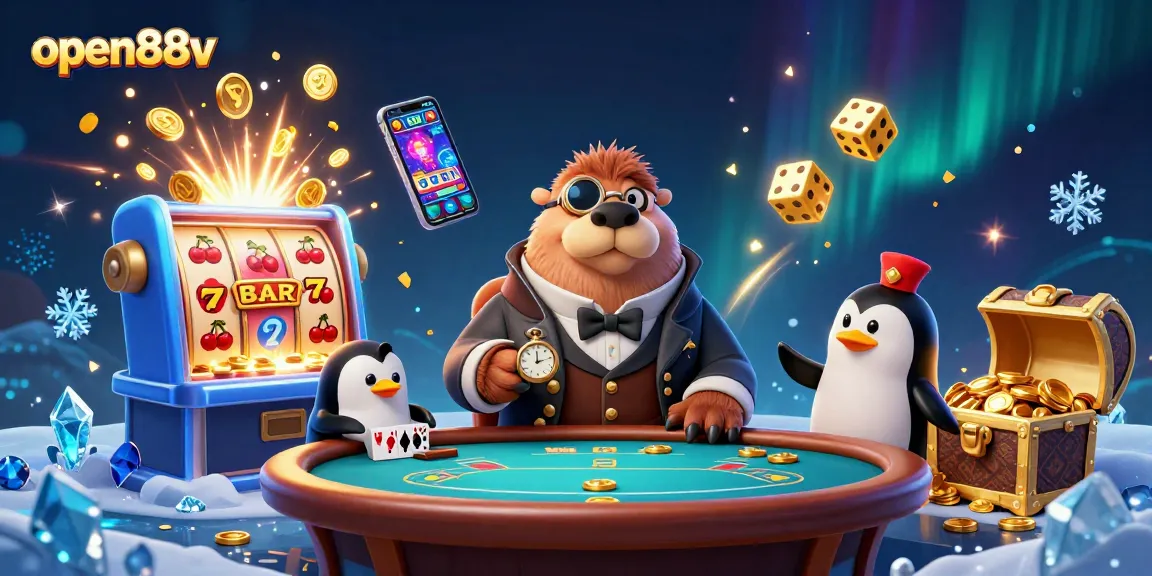 Experience thrilling gameplay with open88v, featuring a playful walrus, penguin dealer, and a bluffing pufferfish.