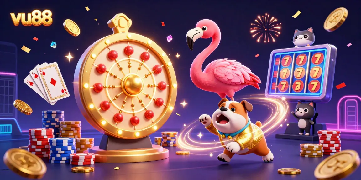 Spin and win with vu88 in a vibrant 3D casino scene filled with colorful prizes and excitement.