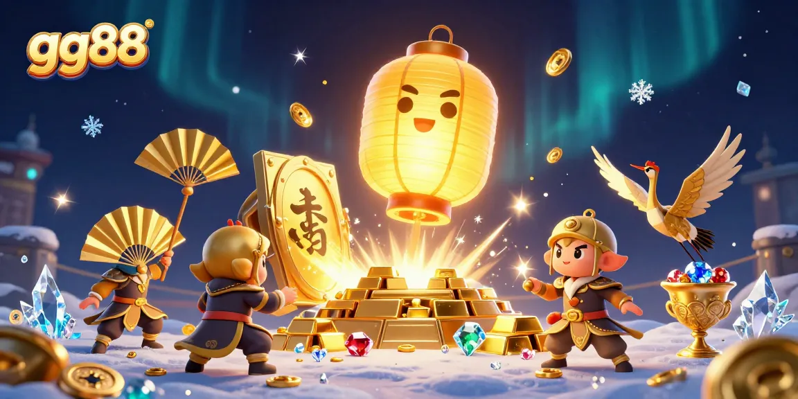 Experience the excitement of gg88 with a glowing lantern spirit amidst treasures and winning symbols in this dynamic casino illustration.
