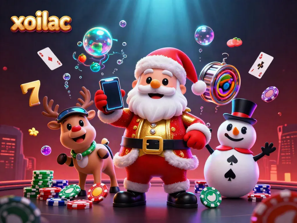Xoilac offers dynamic casino action with 3D cartoon characters celebrating jackpot wins alongside colorful slot reels.