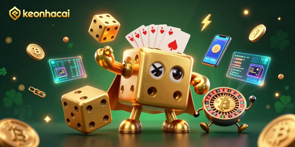 Engage with keonhacai's thrilling 3D casino scene featuring a golden dice golem amidst vibrant gambling elements.