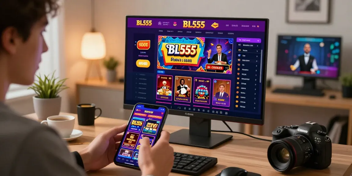Engaging scene of a user exploring the trang bl555 online gambling platform in a modern workspace.