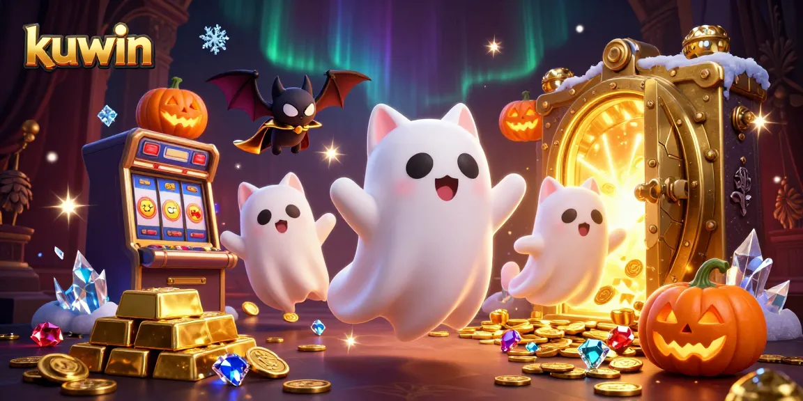 kuwin gaming scene with a friendly ghost cat and golden treasures in a haunted casino ambiance