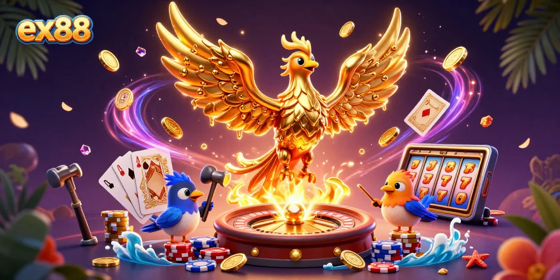 Experience ex88's thrilling casino action with a golden phoenix, coins, and vibrant gambling elements.