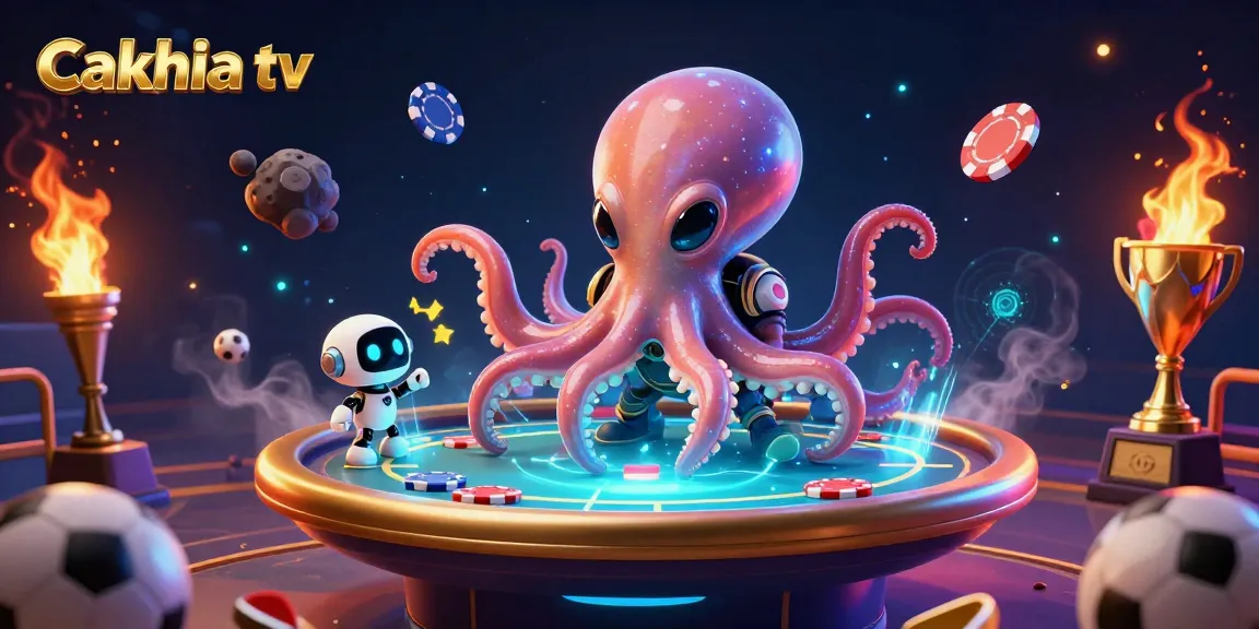 Cakhia tv enhances sports betting excitement with a vibrant alien octopus running a holographic poker table surrounded by dynamic elements.