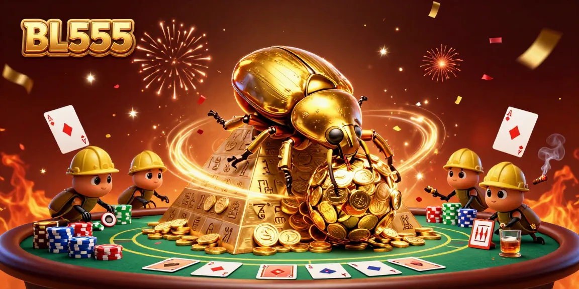 Experience exhilarating gameplay at BL555 with a golden dung beetle rolling coin treasures.