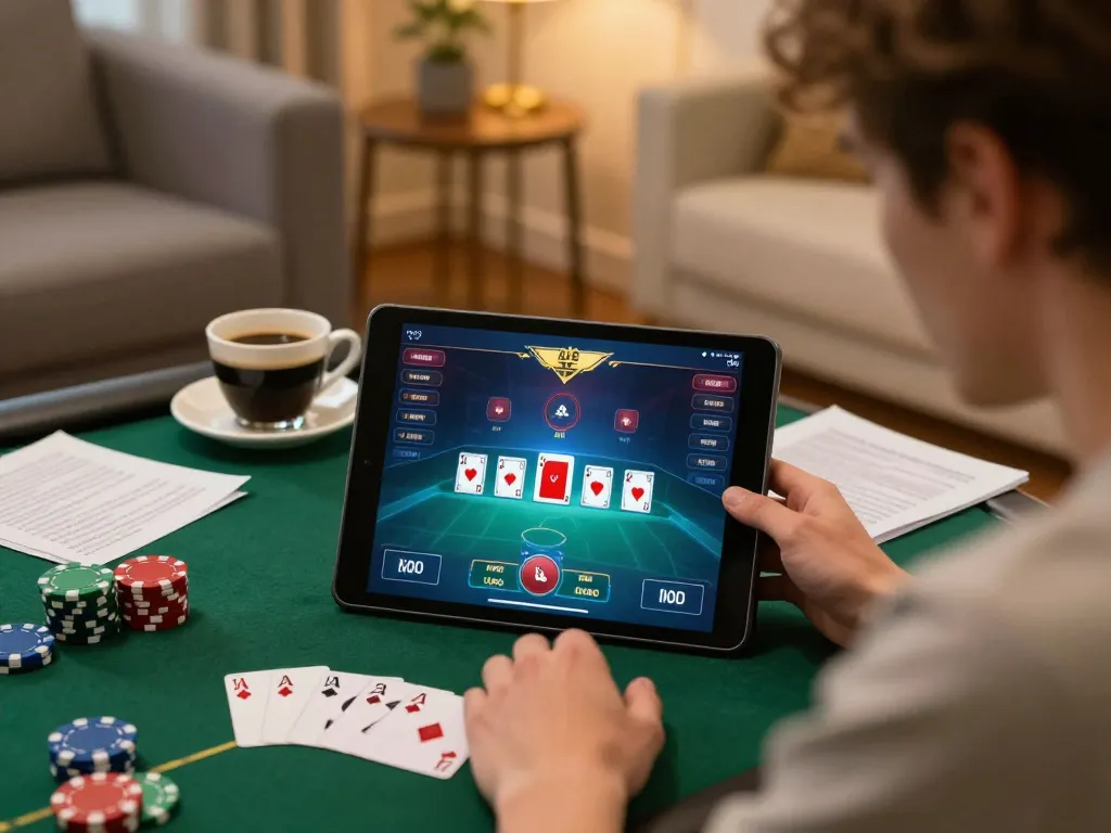 Kkwin player immersed in online poker gaming with strategy notes in cozy home setting.