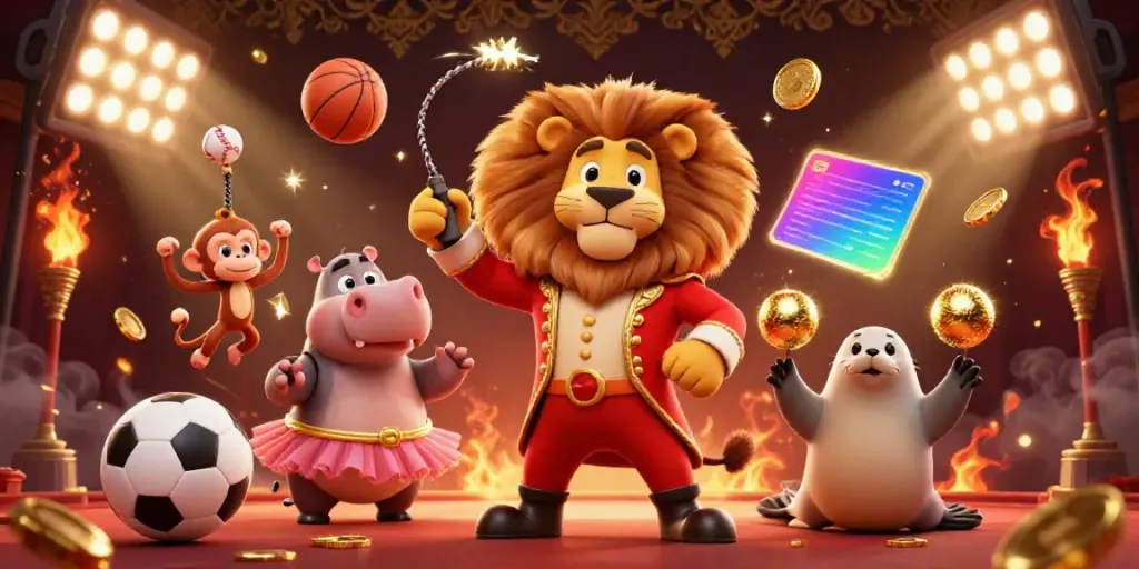 Experience the excitement of mig8 with a vibrant circus scene featuring animated characters and sports elements.