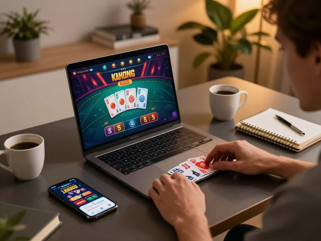 Player engaging with tr88 live dealer game on laptop, showcasing online gambling experience.