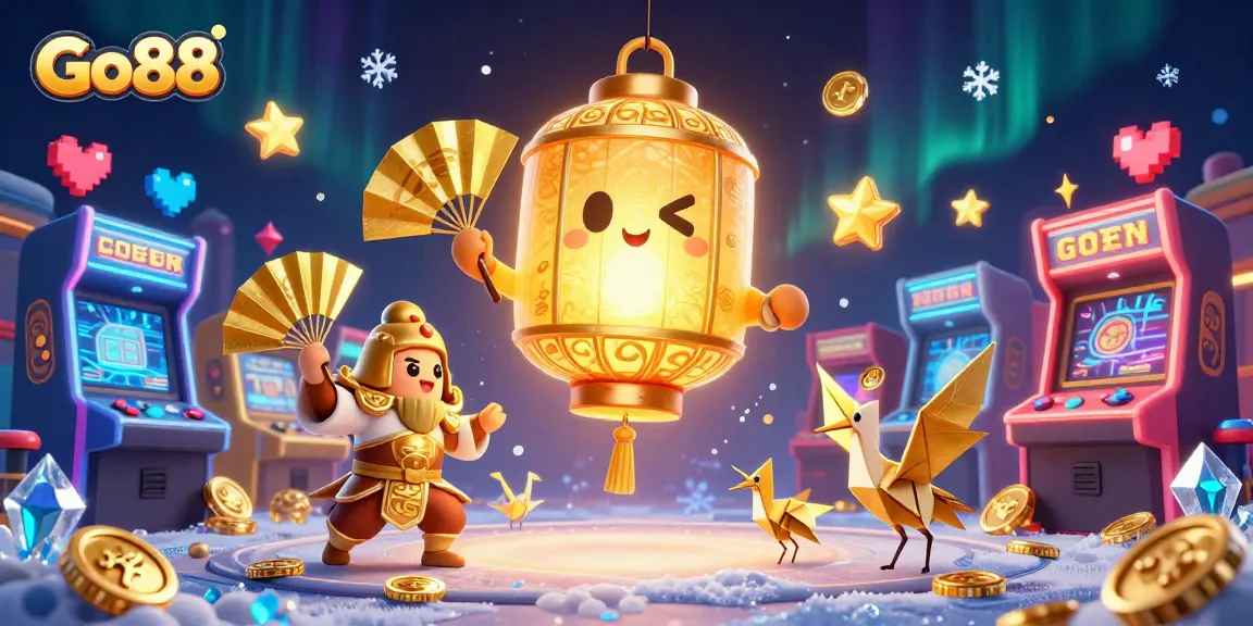 Experience the excitement at Go88 casino with vibrant games and golden characters in a magical illustration.