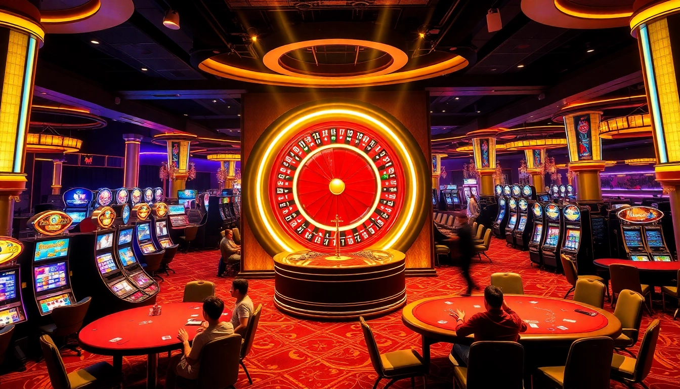Engaging players at the kuwin casino scene with roulette and slot machines.