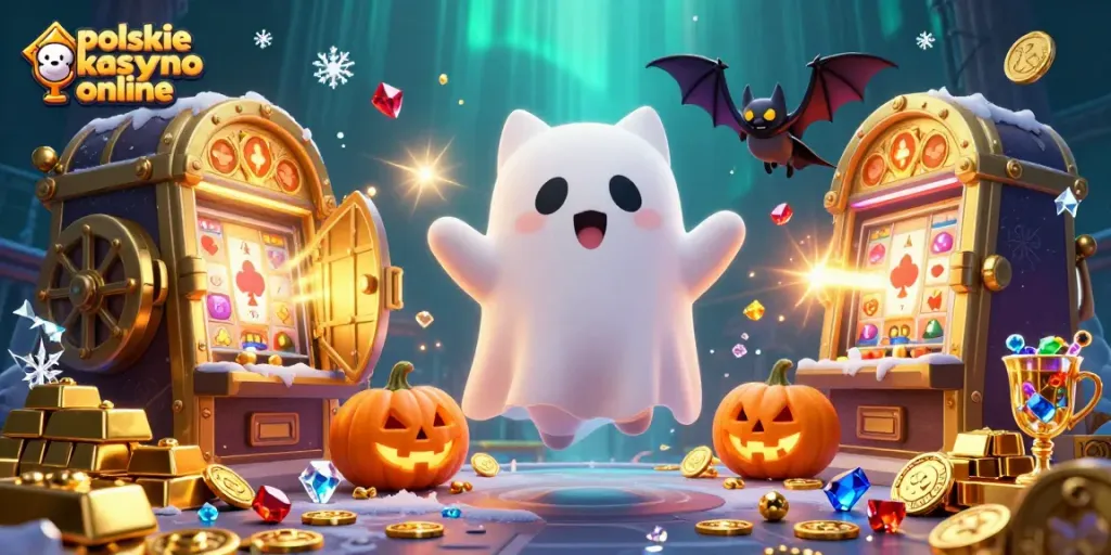 Experience the thrill of polskie kasyno online with a ghost cat and vampire bat in a vibrant haunted casino scene.
