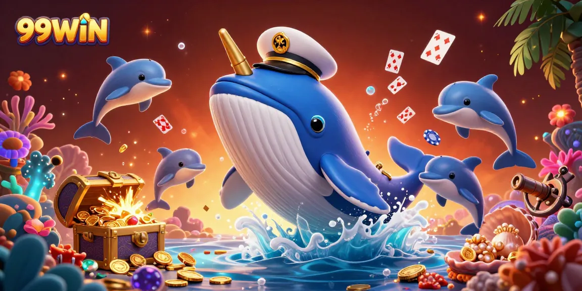 Experience the excitement of 99WIN with a vibrant underwater casino scene featuring a whale and dolphins.