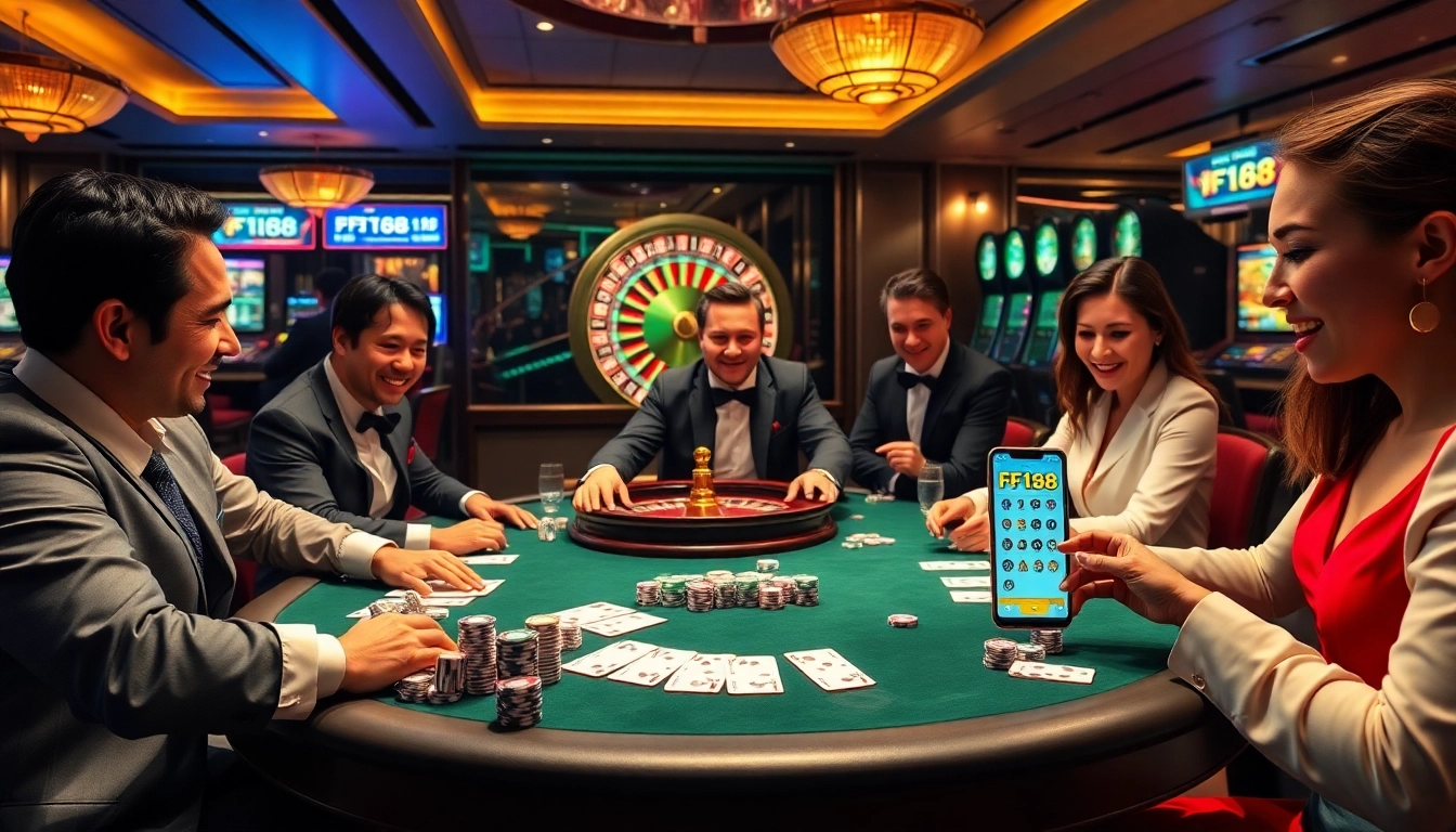 F168 casino scene showcasing poker chips, cards, and roulette wheel amidst excitement.