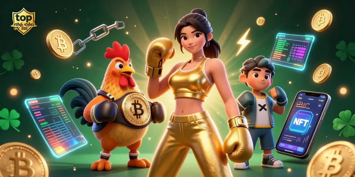 Bet on top nhà cái uy tín with the powerful 3D characters, glowing crypto coins, and dynamic casino elements.