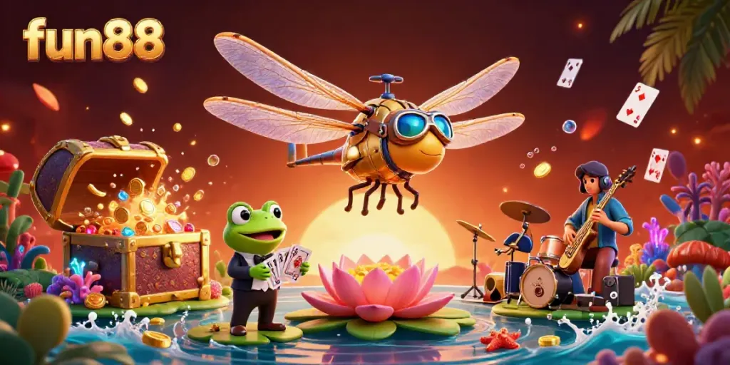 Experience the excitement of fun88 with a vibrant 3D casino scene filled with lively characters and dynamic elements.